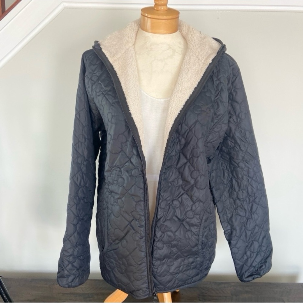 Disney Parks Mickey Mouse Black Quilted Puffer Jacket Hooded Sherpa Lined Large - Picture 4 of 10